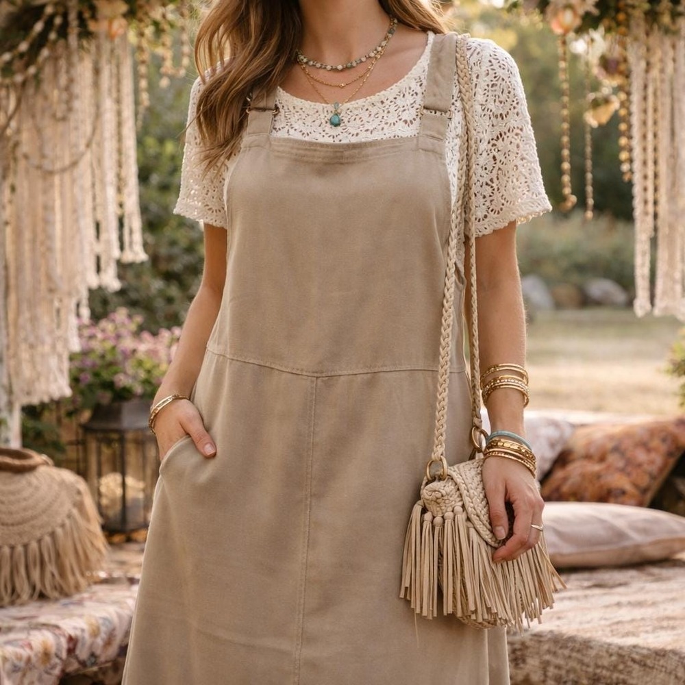 Khaki overall style long dress basic dress with flattering curves Cherokee brand